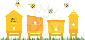 Cute simple Bee houses with bees. Vector Illustration
