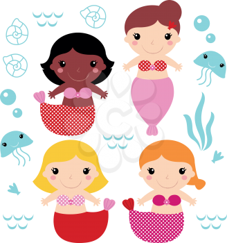 Collection of cute little Mermaids with sea elements. Vector
