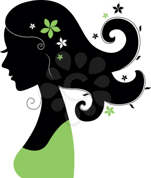 Woman head silhouette with flowers isolated on white. Vector