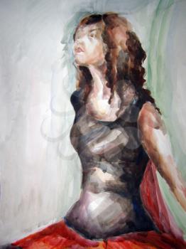 watercolor drawing of the woman on red background  