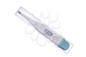 Digital medical thermometer on white background. 
                   