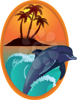 Dolphin against tropical island in a wooden frame, file EPS.8 illustration.
