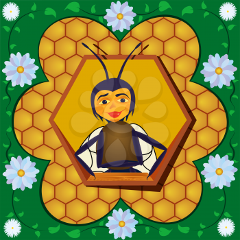 Abstract bee against honeycombs in a flower frame, file EPS.8 illustration.
