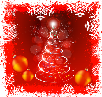 Royalty Free Clipart Image of a Christmas Tree and Ornaments on Red With a Snowflake Border