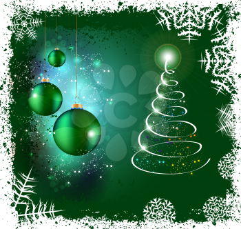Royalty Free Clipart Image of a Christmas Card With a Tree and Ornaments