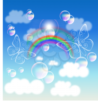 Royalty Free Clipart Image of a Rainbow With Bubbles, Butterflies and Clouds