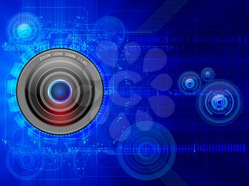 Royalty Free Clipart Image of a Camera Lens on Blue
