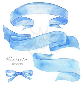 Set of blue watercolor ribbon