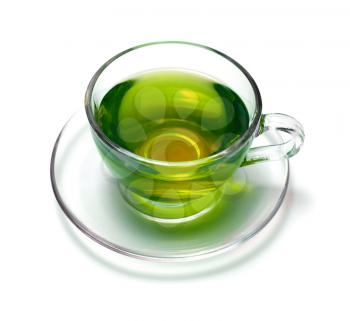 Cup with green tea on white