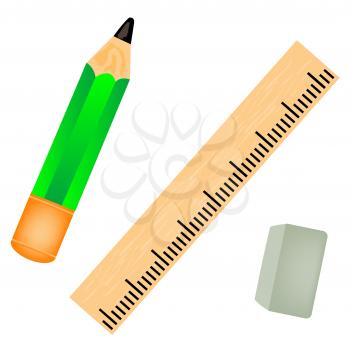 Royalty Free Clipart Image of a Pencil, Ruler and Eraser