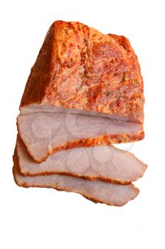 Piece of fresh ham with seasoning on white background is insulated