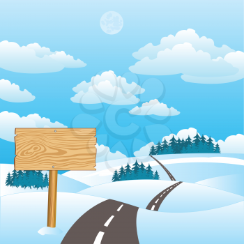 Vector illustration of the road amongst hills in winter
