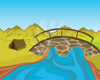 Vector illustration of the stone bridge through river