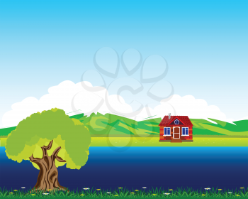 Rural landscape with house beside yard.Vector illustration