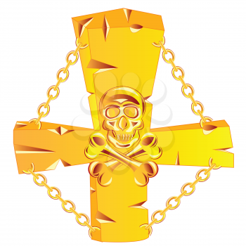 Golden cross with skull on white background is insulated