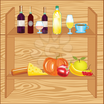 Wooden shelf with product and drink on wall