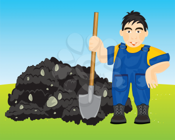 The Worker with shovel digs the pit.Vector illustration