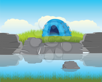 The Blue tent ashore calm yard.Vector illustration