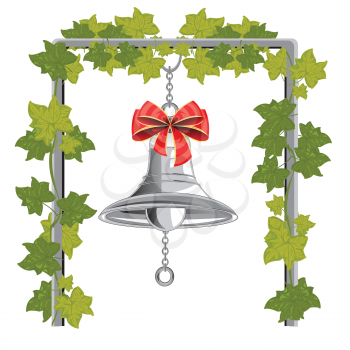 Bell with bow hungs on chain on white background is insulated