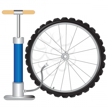 Manual pump and wheel from bicycle on white background