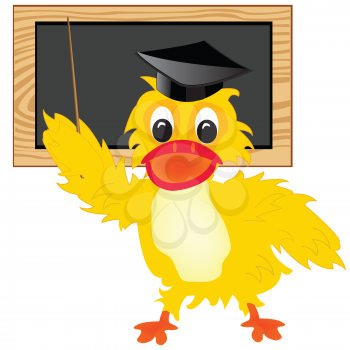 Cartoon of the duck of the teacher beside boards with pick device