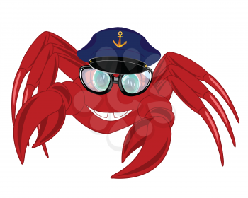 Cartoon of the crab in service cap and spectacles on white background