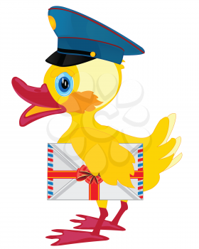 Duckling postman with envelope on white background is insulated