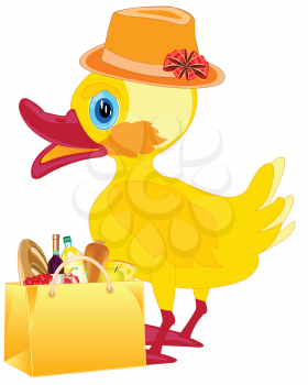 Duckling in fashionable hat with product in bag on white background