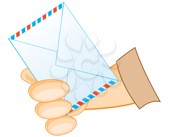 Hand of the person with postal envelope on white background is insulated