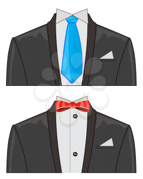 Two black suits with tie and butterfly on white background