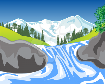 The Beautiful mountain landscape with waterfall.Vector illustration