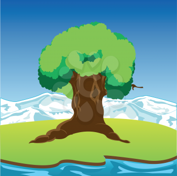 The Big tree on riverside glade.Vector illustration