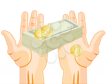Pack of the money and coins in palm of the person