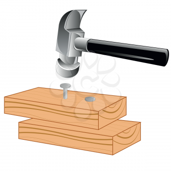 Wooden board with nail and gavel on white background is insulated
