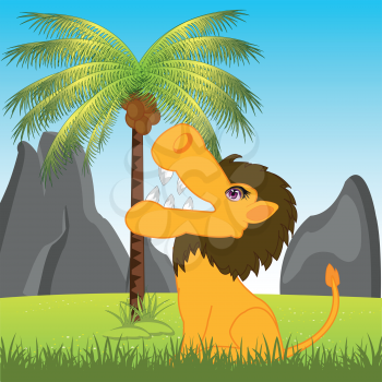 The Animal lion on glade under palm.Vector illustration