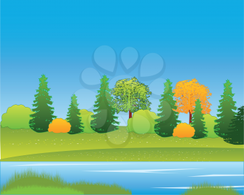 The Calm river on nature by early autumn.Vector illustration