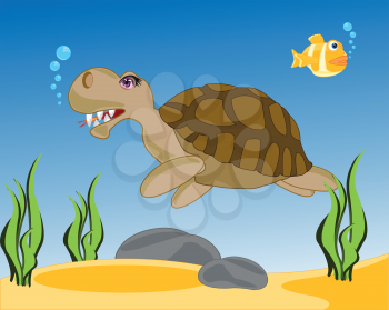 The Amphibian sea terrapin sails in water.Vector illustration