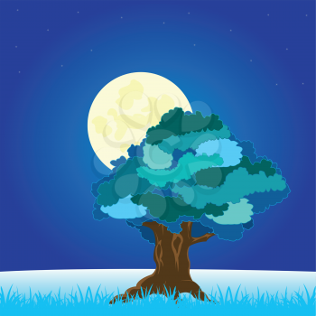The Winter landscape with solitary by tree on glade.Vector illustration