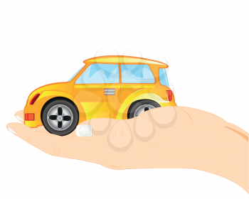 Small yellow car on palm of the person