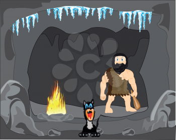 The Primitive person and dog in cave.Vector illustration