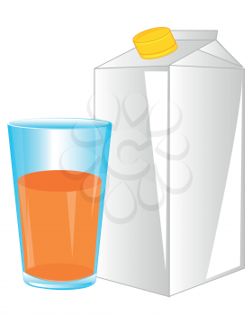 Carton and glass with drink on white background