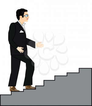 Man in black suit rises on stairway upwards