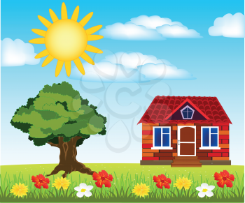 Small house on year glade with flower and sun with cloud