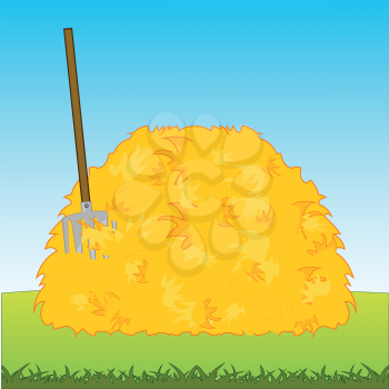 Vector illustration of the field and stack dry herb with pitchfork
