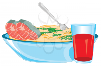 Vector illustration of the fish plate and verdure and glass of juice