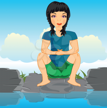 Vector illustration of the young beautiful girl of the brunette sitting on riverside stone