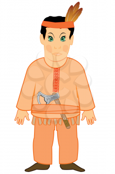Vector illustration of the cartoon men indian with weapon tomahawk on belt