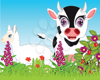 Animals cow and sheep to fall on year meadow with flower