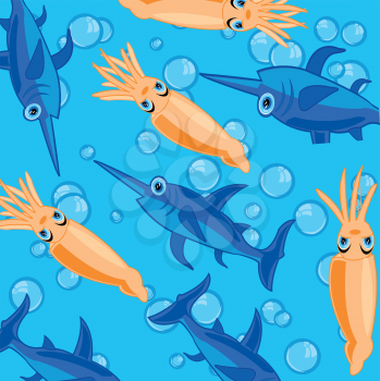 Vector illustration sea animal squid and fish sword pattern on turn blue