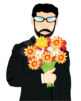 Vector illustration of the young person in black suit with bouquet flower in hand